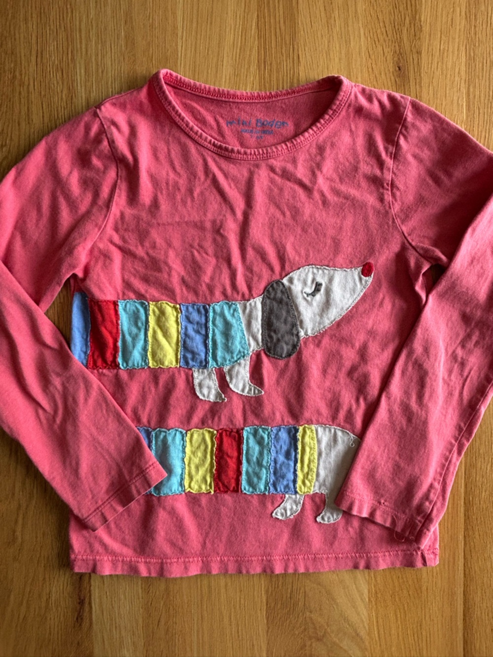Mini Boden Pink Long-Sleeve Tee with Colorful Striped Dog Appliqué